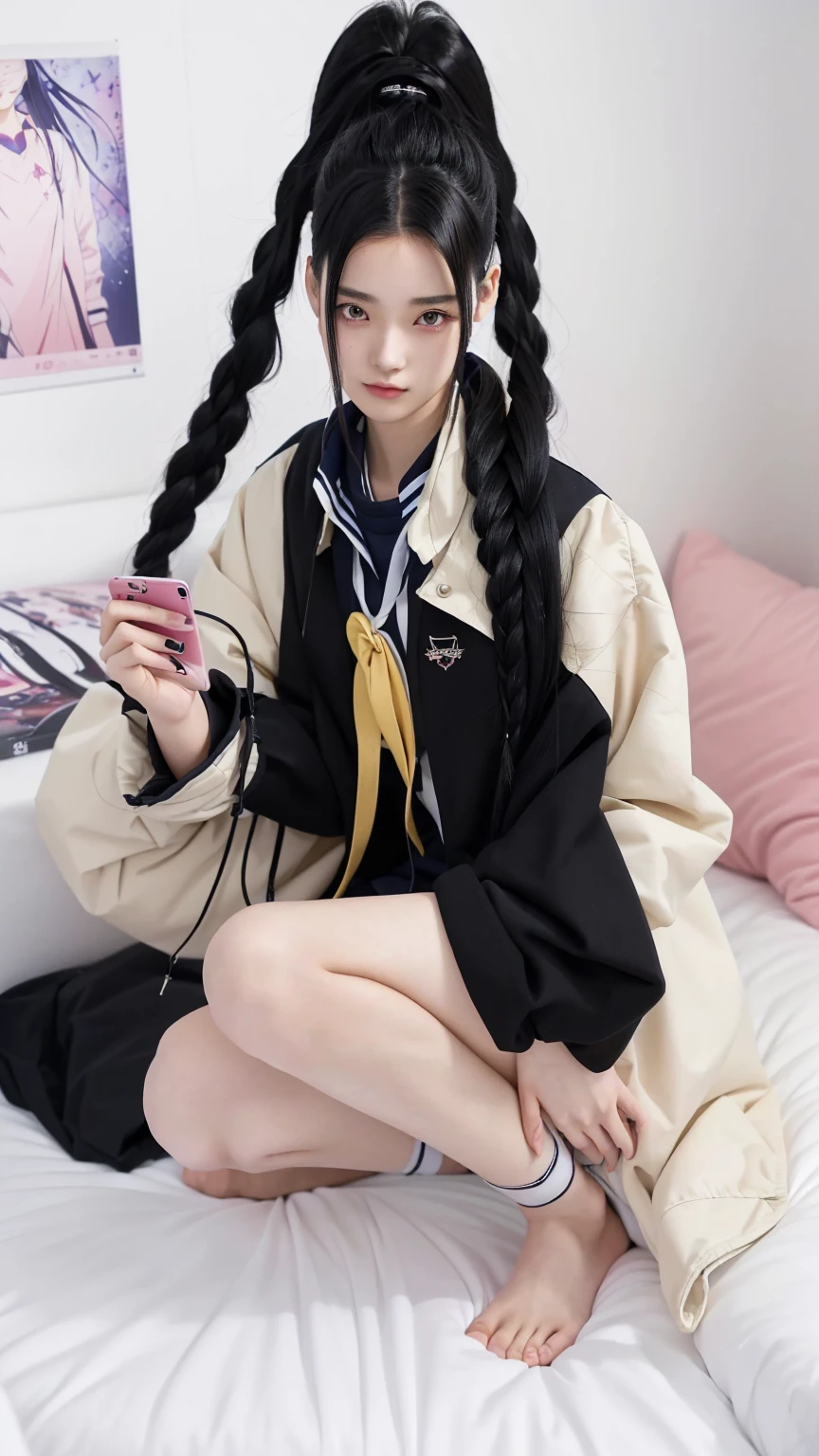 A woman sitting on the bed，Holding a mobile phone, Anime girl squatting, Black braids, Anime Girl Cosplay, a Surrealism schoolgirl, Anime girls in real life, Beautiful anime high school, Surrealism , Cute anime girl, wide coat collar sailor suit, Anime atmosphere, 1 7 year old anime goth girl