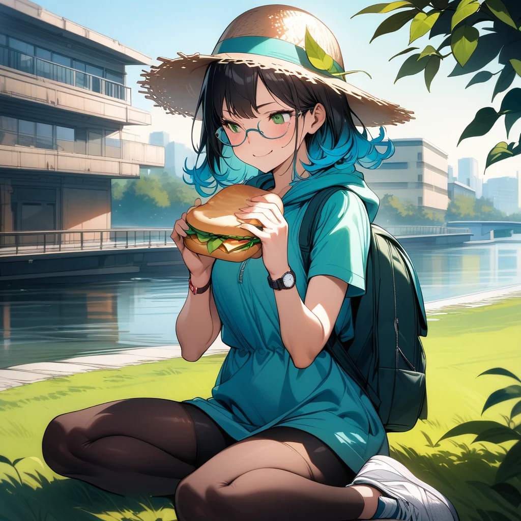 (masterpiece),(best quality),very aesthetic,(ultra-detailed),(super-fine illustration),vibrant colors,high saturation,nsfw,1girl,25yo,slender,tall,medium hair,black hair,natural wave hair,flipped hair,dark green eyes,comfortable,smirk,glasses,(straw hat with leaf color ribbon),glasses,carrying a aqua blue rucksack, (thigh-high parka dress with gradient earth color,black bike shorts),short sleeves,Sneaker Shoes,wristwatch,river terrace,sitting indian style on grass field,eating Sandwiches,summer,Industrial area in the distance,cowboy shot,looking away
