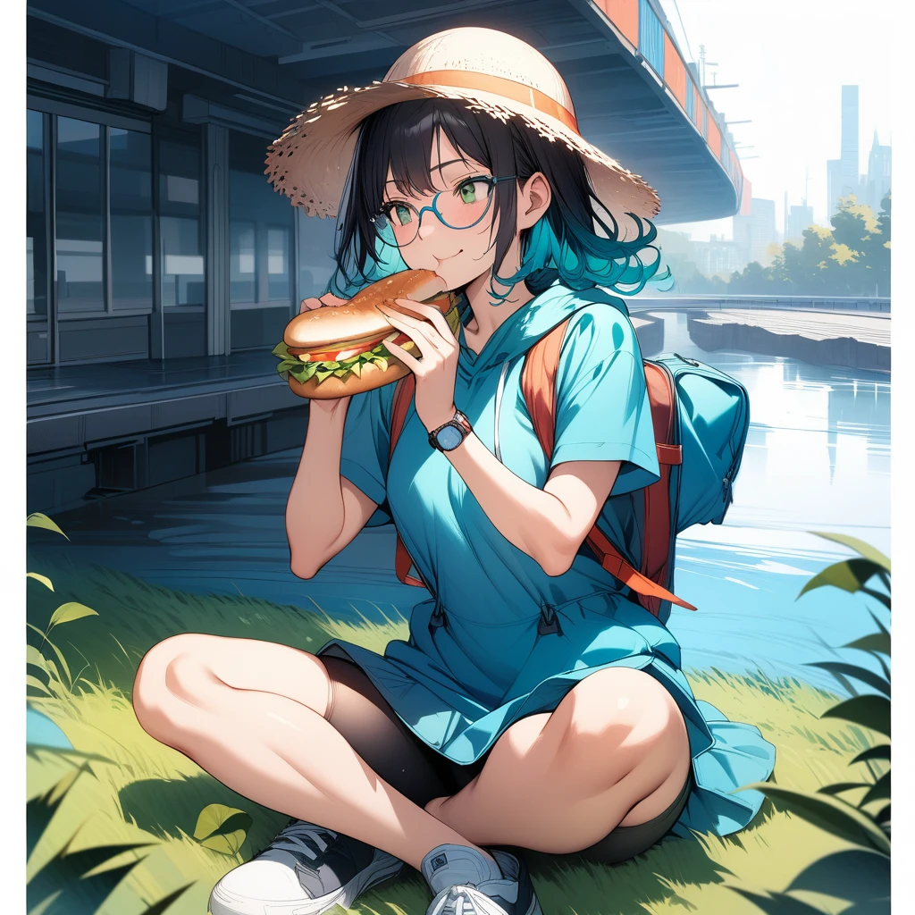 (masterpiece),(best quality),very aesthetic,(ultra-detailed),(super-fine illustration),vibrant colors,high saturation,nsfw,1girl,25yo,slender,tall,medium hair,black hair,natural wave hair,flipped hair,dark green eyes,comfortable,smirk,glasses,(straw hat with leaf color ribbon),glasses,carrying a aqua blue rucksack, (thigh-high parka dress with gradient earth color,black bike shorts),short sleeves,Sneaker Shoes,wristwatch,river terrace,sitting indian style on grass field,eating Sandwiches,summer,Industrial area in the distance,cowboy shot,looking away