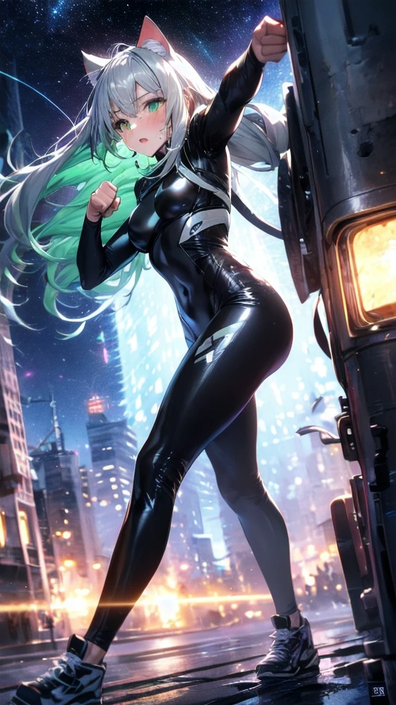 prompts A silver-haired beautiful girl with cat ears eyes are green hair is silver and long clothes: a form-fitting black combat suit The fist is an afterimage The background is a city at night her is in a cat-like fighting pose The year is 14 years monitor, Dark Night, Sweat, Steam of Exhalation, Space, Battle, Dynamic Angle one girl