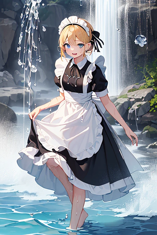 (Super best quality:1.6), (Highest quality:1.4), (Attention to detail:1.4), (Ultra-high resolution:1.4), 
(Maid clothes, White apron, Headband, Black Dress, ribbon, Maid clothes, Classic, Long:1.4), (白と黒のMaid clothes), Blonde, Blue Eyes, Cat ear, cute, Small breasts, The best smile, Soaked from head to toe, (Water drips from the clothes:1.6), (Water Drop:1.6), (Soaked from head to toe:1.4), (全身にWater Drop:1.2), Water Play, Taki training, river, Being struck by a waterfall, 