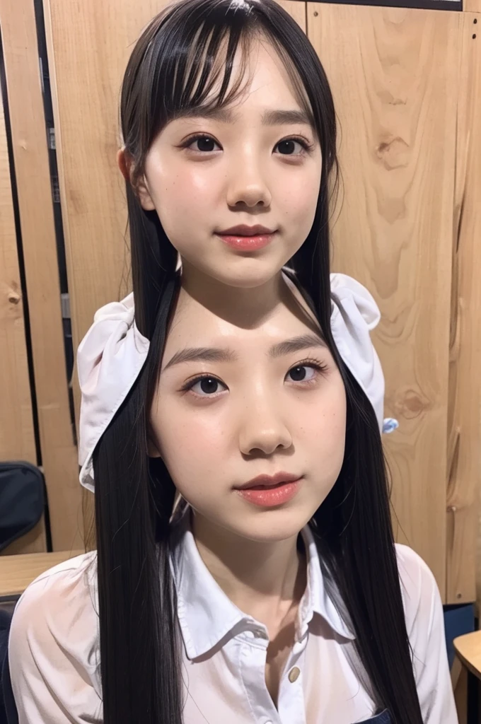 (((upper body shot))),Ultra-high resolution,big eyes,((brown eyes)),Japanese,(forehead),(a girl),(1 girl),((17 years old)),(cute),pretty,((facing at viewer)),arms behind back,grin,(((black uniform)))