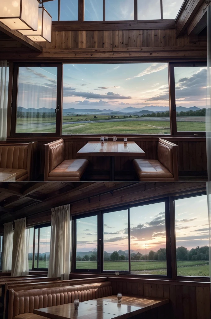 Generate a high-resolution image with realistic details of a restaurant in the countryside, the restaurant should have glass windows with curtains attached and comfortable tables with wooden texture, the restaurant windows show the landscape of the horizon, the landscape of the horizon should have the starry sky.