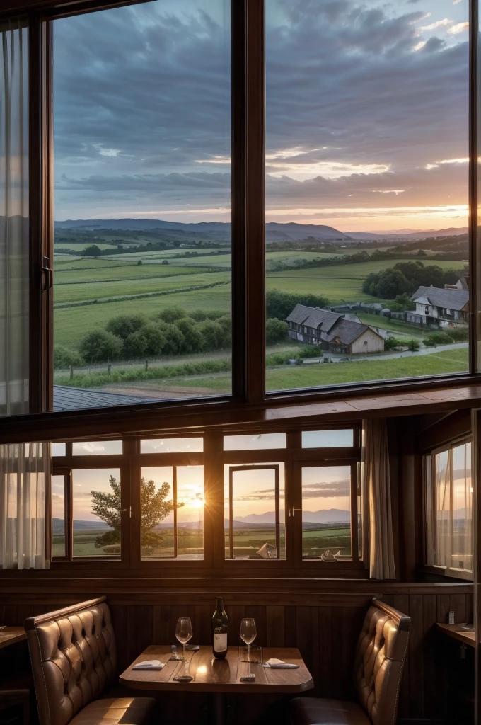 Generate a high-resolution image with realistic details of a restaurant in the countryside, the restaurant should have glass windows with curtains attached and comfortable tables with wooden texture, the restaurant windows show the landscape of the horizon, the landscape of the horizon should have the starry sky.