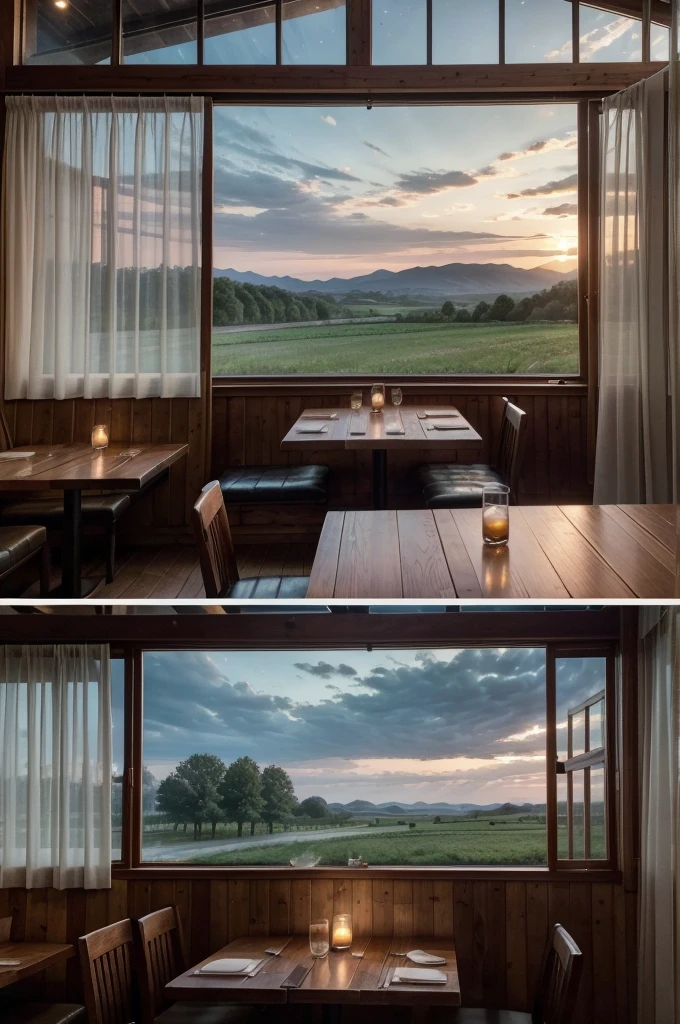 Generate a high-resolution image with realistic details of a restaurant in the countryside, the restaurant should have glass windows with curtains attached and comfortable tables with wooden texture, the restaurant windows show the landscape of the horizon, the landscape of the horizon should have the starry sky.
