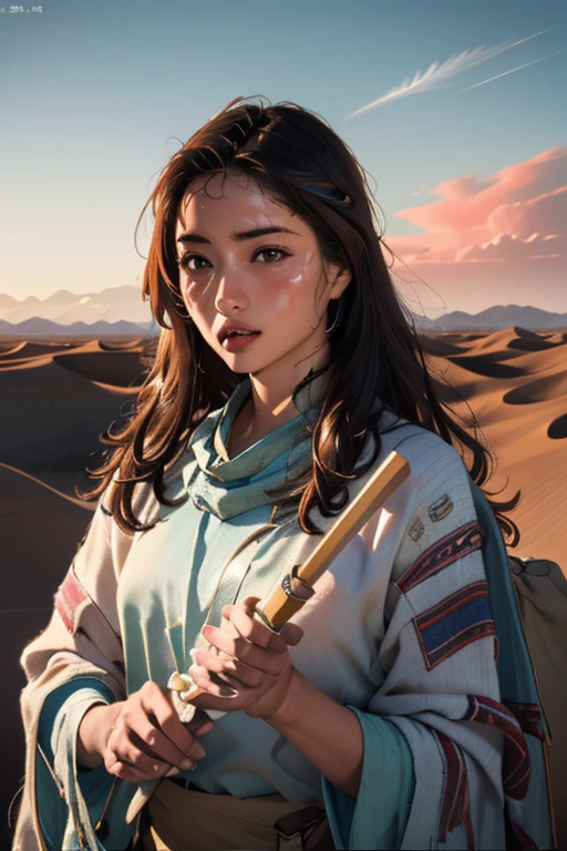 masterpiece, Transitioning desert landscape at sunset, Lonely Person, A beautiful 20-year-old woman appears dressed in nomadic clothing., Post-apocalyptic clothing. Layers of tattered cloth, unconventional accessories, 風化した外観はbornき残りと回復力のオーラを醸し出す, 16K, Ultra-high resolution.Realistic, Ultra-high resolution, born