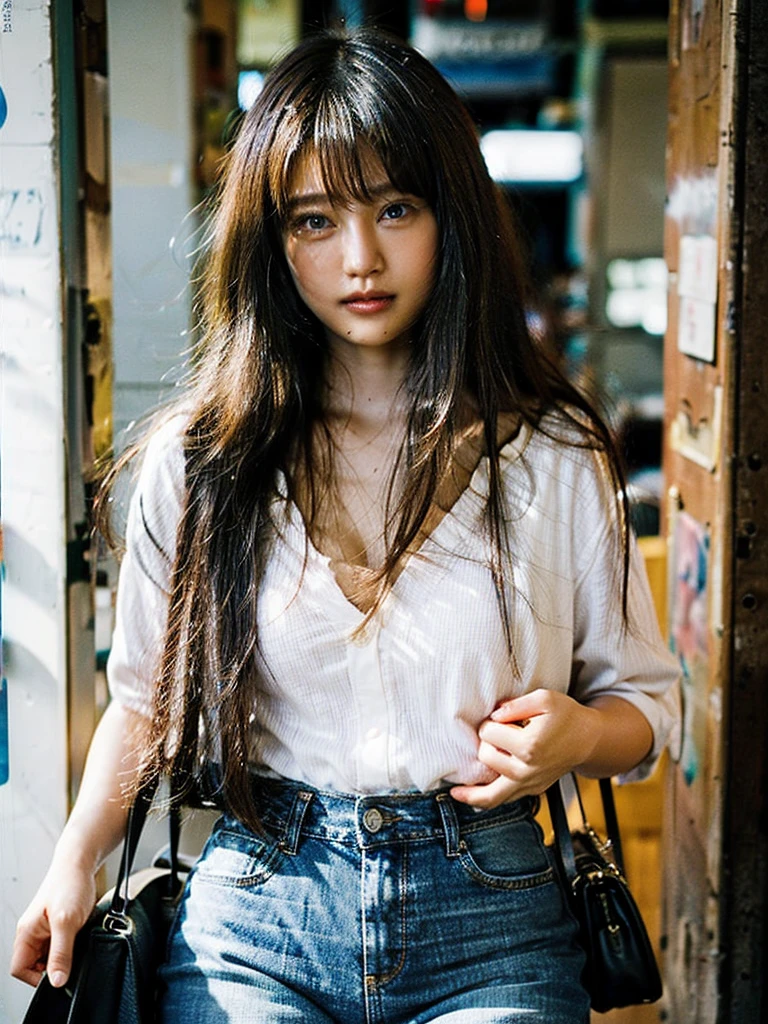 (((Full body image of a woman))), Instagram Model . Full body portrait of a fashion model, Glamour, Long black wavy hair, (((Bright Blue Eyes))), Mischievous Smile, Very detailed顔, Very fine grain. Large chest. ((Low rise jeans that fit snugly against the skin)),((White cotton shirt, unbuttoned to show chestの谷間)), Mid height heels, ((Handbags)). shopping, chest, chestの谷間, 8K, high quality, masterpiece, 最high quality, High resolution, Very detailed, Volumetric lighting, Realistic