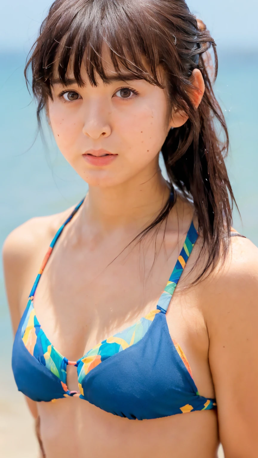 bikini、18-year-old、(bangs:1.6),Playing on the beach、whole body、Thighs、(ponytail:1.5)、(Looking into the camera:1.5),serious、Shyness