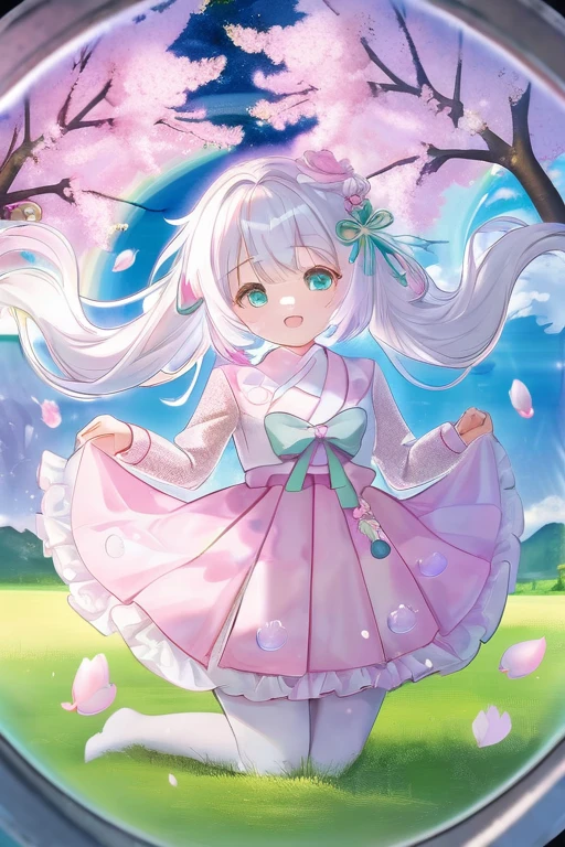 ((cherry tree in full bloom)) ((green grassland)) ((underwater)) ((floating bubbles)) ((Japanese style building)) ((mysterious fish))
((Falling cherry blossom petals))