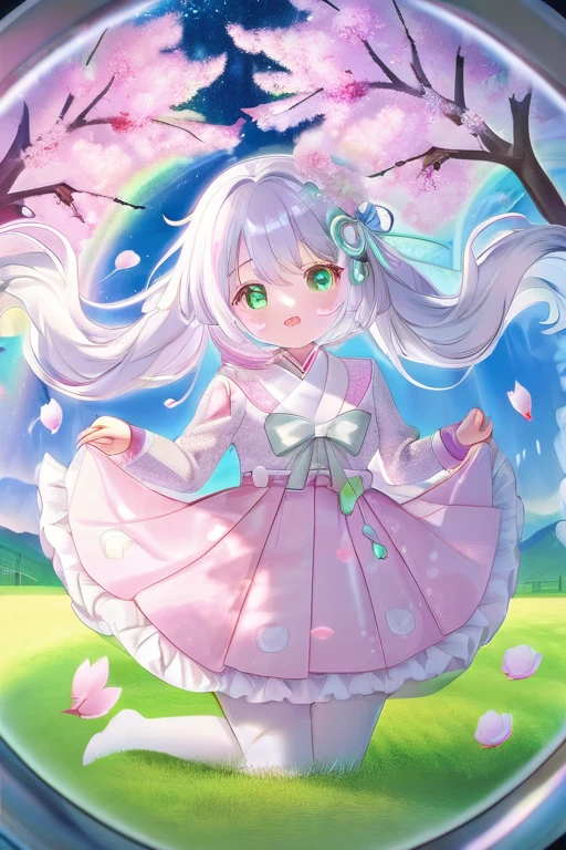 ((cherry tree in full bloom)) ((green grassland)) ((underwater)) ((floating bubbles)) ((Japanese style building)) ((mysterious fish))
((Falling cherry blossom petals))