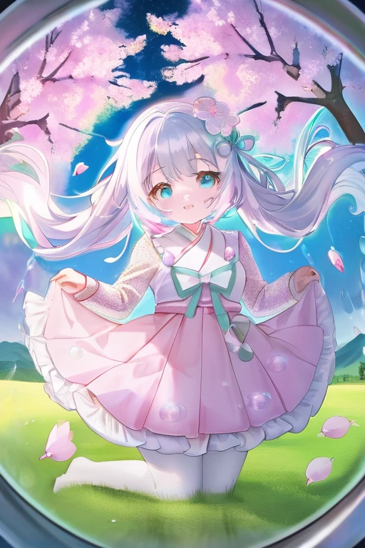 ((cherry tree in full bloom)) ((green grassland)) ((underwater)) ((floating bubbles)) ((Japanese style building)) ((mysterious fish))
((Falling cherry blossom petals))