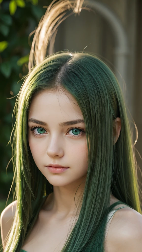 a girl. face sent feeling. Europe. Oval face. long face. delicate facial features. sad eyes. seductively seductive. green eyes. long straight hair. green hair. innocent expression.