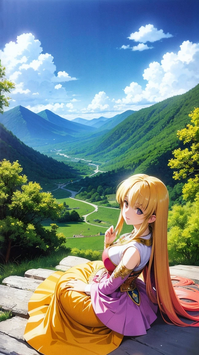 anime-style illustration, The image shows a young woman sitting on the grass watching overlooks the vast expanse of clear blue sky and mountain, flower colorful color blue red green purple yellow, fantasy world medieval, rocks, The scene is depicted in a highly saturated and vibrant style, Vibrant colors include deep purples, electric blues, neon pinks, and shimmering golds. The lighting is ethereal,, intense and rich COLORS VIVID, strong exaggerated colors, glowing everywhere, dramatic lighting, epic, majestic, awe-inspiring, mystical, ethereal, The sky above is clear blue sky, The atmosphere is full of magical color films, High Detail.