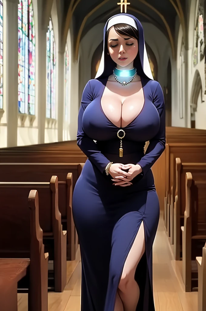 Aubrey Plaza, in Cathederal, pews in background, wearing nun habit, sexy nun outfit, big breasts, (big breasts:1.2), cleavage, holding prayer beads,