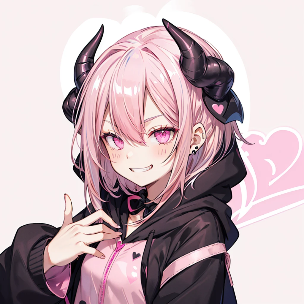 ((((Jagged　Open your mouth　Grin　Pink Background　shining heart))))　(((Black hoodie　Wearing a hood　Demon Horns　Heart Iris　Close-up　Pink Hair　Long Hair　Heart Pose)))　((Shiny earrings　Small black ribbon))　Shining Edge　Shining Background