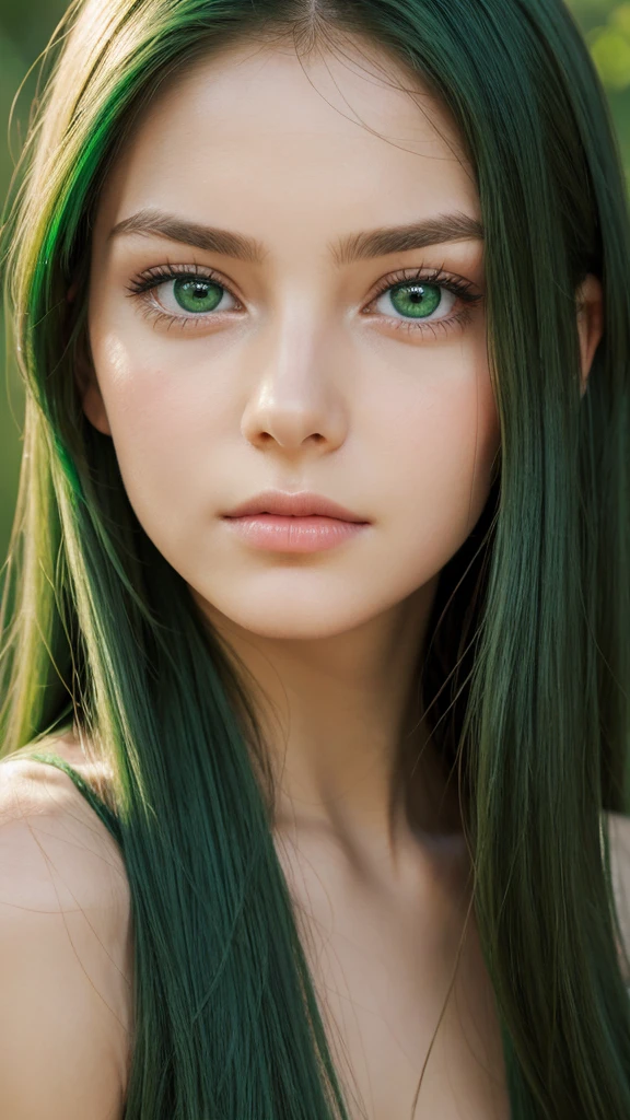 a girl.  face sent feeling.  Europe.  Oval face.  long face.  delicate facial features.  sad eyes.  seductively seductive.  green eyes.  long straight hair.  green hair.  innocent expression.