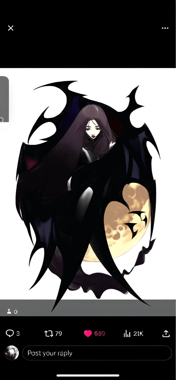 Anime bat girl floating with her wings wrapped tound the moon