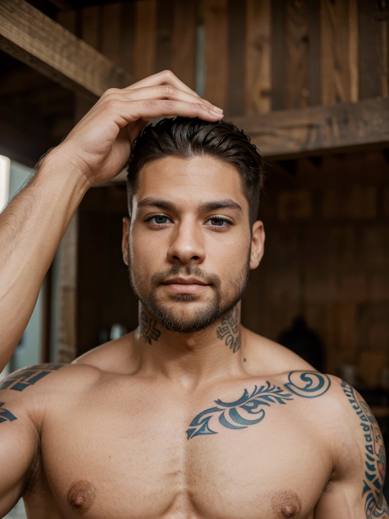 Male, brunette, muscular, blue eyes, light skin, small beard, hunter eyes, Mexican, few tattoos