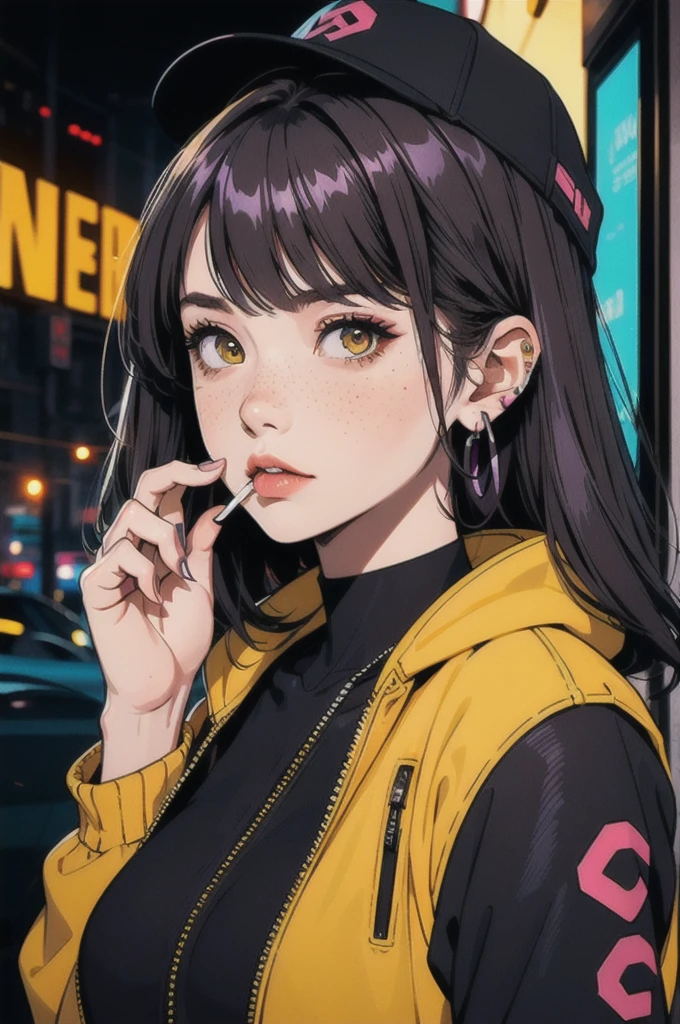 One girl,alone,colorful,Yellow Eyes,cyber punk,city,peace sign,Earrings,Purple Hair,Eye patch,freckles,Prosthesis,Mechanic,neon,Beautiful lighting,Purple reflection,cap,smoking,Character Focus,CG illustration,Bust Shot,Yellow and black costume,Black Hair,