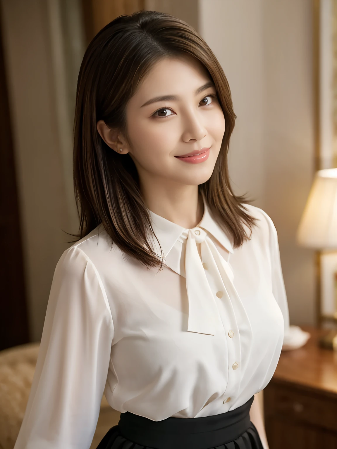 (Raw Photo), (Photorealsitic), (Masterpiece), (Best Quality), High Resolution, 8K, (Intricate Details), (Voluminous Light), Portrait, Female, (50 Years Old), Medium Straight Hair, Layered hair, brown hair, very fine eyes, source order, very fine eyebrows, very fine skin, very fine mouth, very fine nose, like an idol, happy smile, (thick lips), (looking at the viewer), (elegant vivid vermilion blouse, black skirt), waist shot, (Random body orientation),