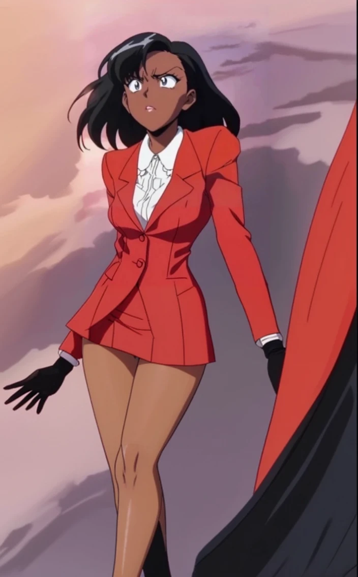 90s anime Evil black skinned business woman in a red suit and red skirt