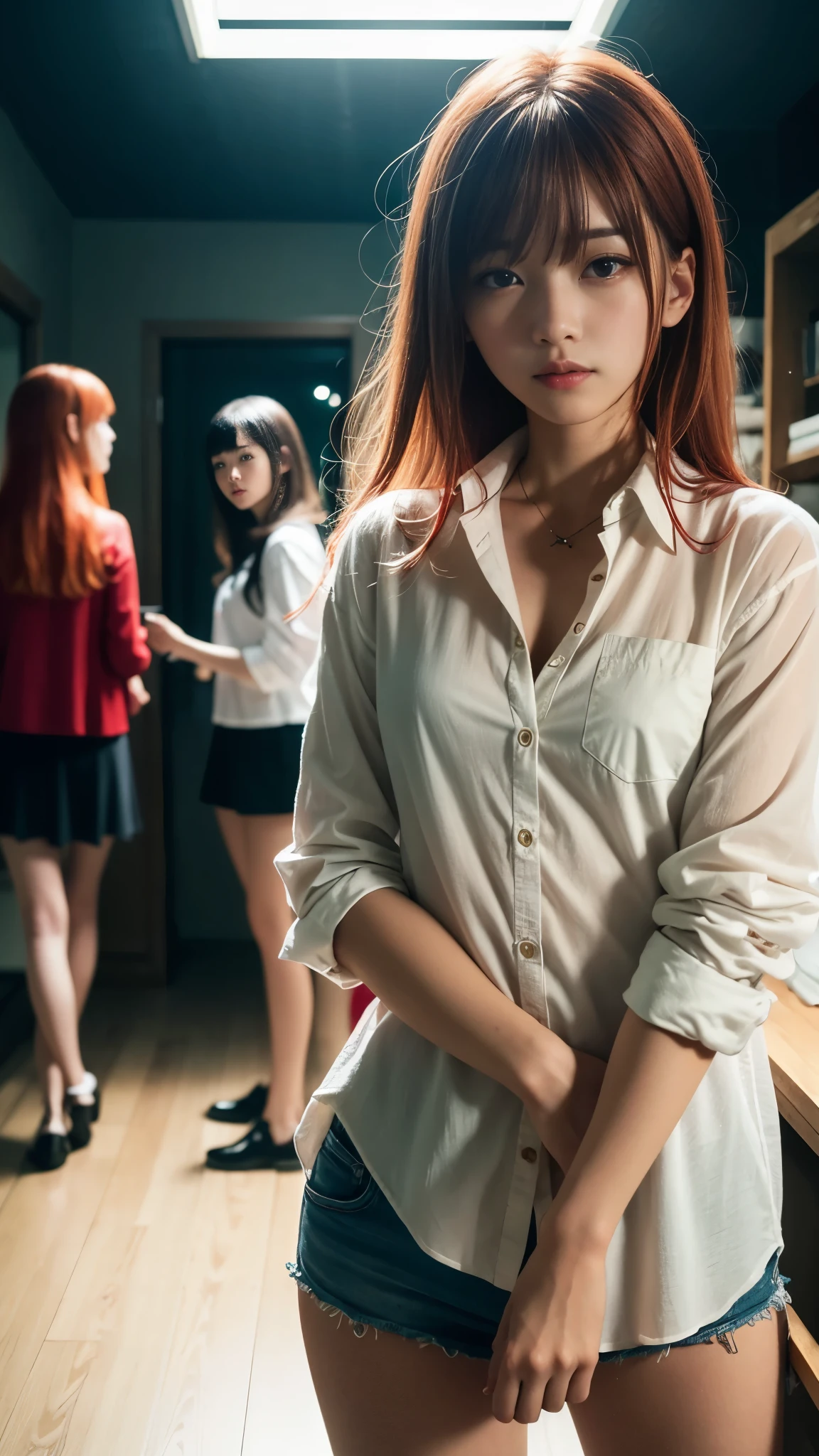 (Natural strawberry blonde and redhead girls with pretty faces), Cute pose, wearing a button shirt, body, skinny, Atmospheric, Dark atmosphere, Edge lighting, Sayaka Yamamoto, Saito Asuka, Mao Akiyama's facial features, 8K, Full body portrait, Elegant outfit, Natural light, Spooky greenhouse at night, Sharp focus, (Highly detailed eyes and face, Professional photography techniques), (Beautiful small face, beautiful girl, high school student, Idol Face, Baby Face:1.4), smile, Happy, K UHD, Hmph, Beautiful and soft skin, Vibrant Skin, blush, (Chirarizum:1.3, Unbutton your shirt:1.5), ((Beautiful breasts:1.2, Cleavage:1.2)), (Small beautiful butt), (Detailed hands:1.2, The optimal ratio is four fingers to one thumb), Perfect proportions, (Perfect Anatomy:1.3), (Highest quality, Masterpiece, Highest quality, Ultra high definition, Photorealism:1.4), ((お互いのbodyに触れ合う:1.2)), (Detailed background and audience:1.4)