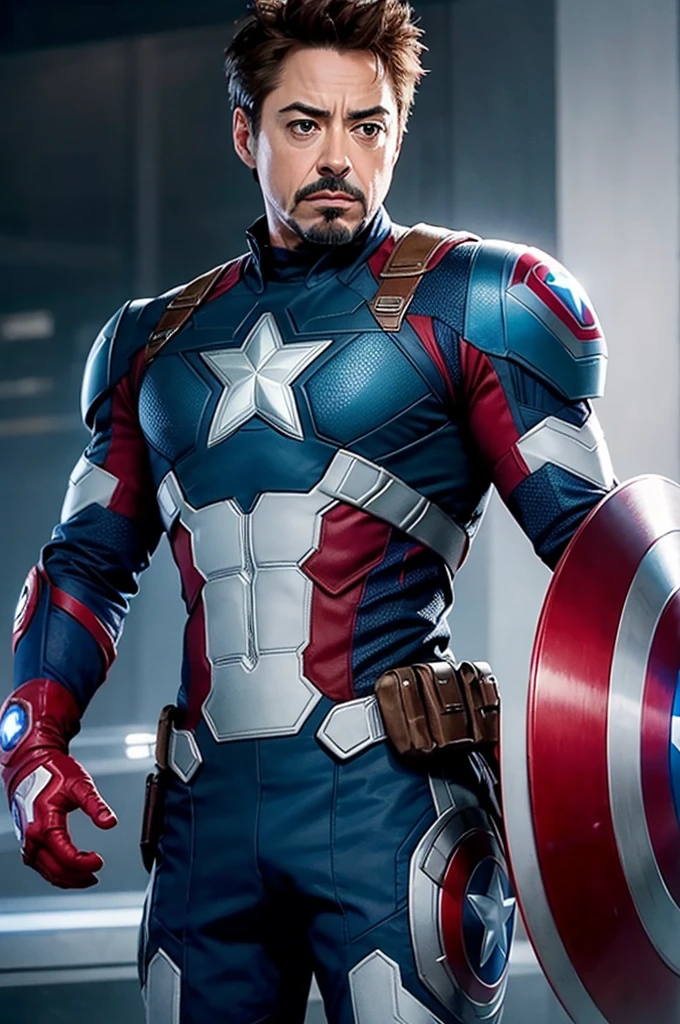 Crie uma imagem do Tony Stark interpretado por Robert Downey Jr, dressed as captain america