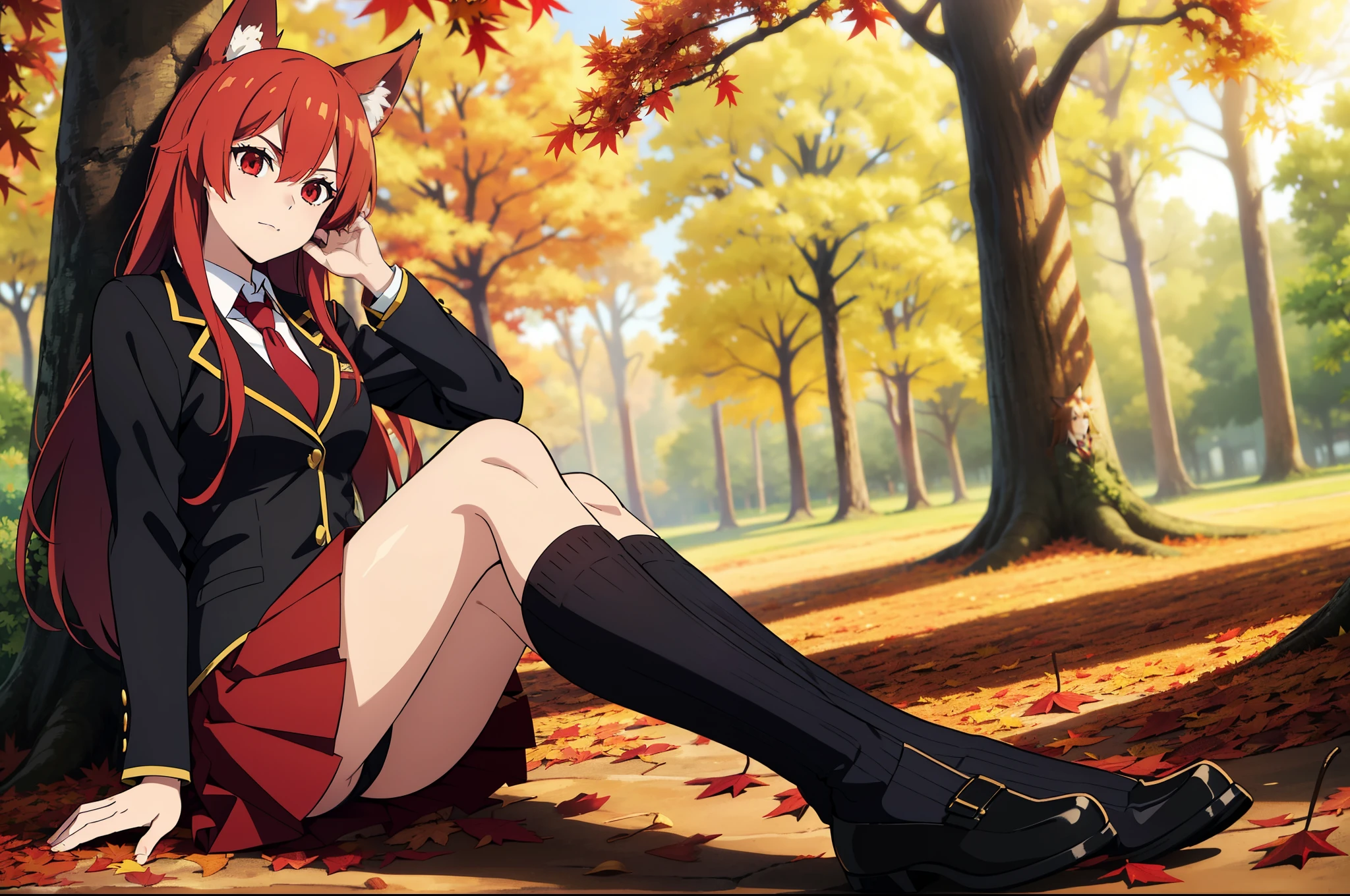 ((beautiful face)),1girl ,20s,mature female,solo,(red hair),long hair,red eyes,fox ears,(autumn leaves,outdoors),serious,necktie,black jacket, blazer,long sleeves,pleated skirt,looking ai view,feet out of frame,falling leaves,sitting,holding,hair between eyes,against tree