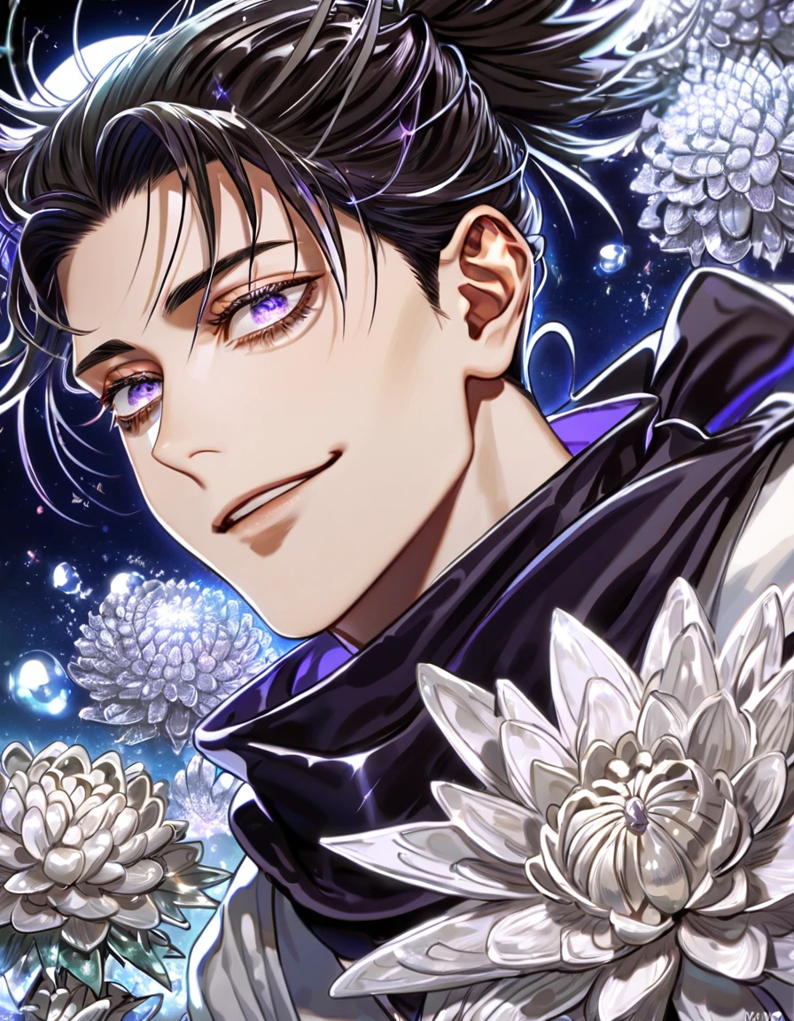 absurdres, highres, ultra detailed, HDR, master piece, best quality, extremely detailed, Choso, black hair, hair tied in two spiked high ponytails, expressive purple eyes, Jujutsu Kaisen, solo, sexy man, handsome, smile, white clothes, black scarf, fantasy, water, sparkling, silver glittering fireflies, silver moon, silver blossoms, silver chrysanthemums, silver sparkling lights, starry sky, magical