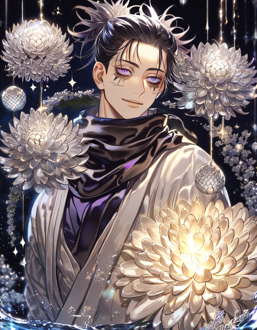 absurdres, highres, ultra detailed, HDR, master piece, best quality, extremely detailed, Choso, black hair, hair tied in two spiked high ponytails, expressive purple eyes, Jujutsu Kaisen, solo, sexy man, handsome, smile, white clothes, black scarf, fantasy, water, sparkling, silver glittering fireflies, silver moon, silver blossoms, silver chrysanthemums, silver sparkling lights, starry sky, magical