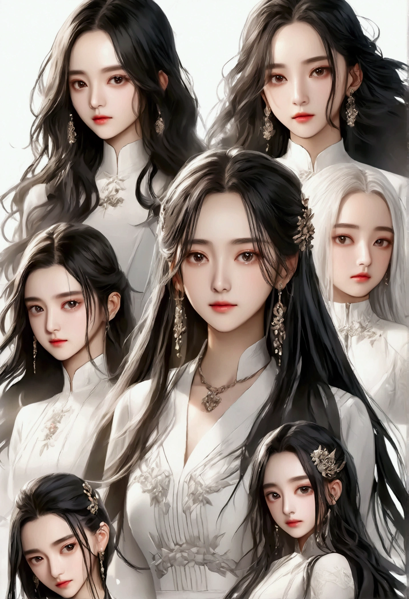 a close up of a woman with long black hair wearing a white dress, ruan jia beautiful!, dilraba dilmurat, xianxia, attractive neck, lalisa manobal, with long hair, ava max, jia, with long dark hair, xianxia fantasy, female with long black hair, long thin black hair, UHD, 8k, best quality, masterpiece