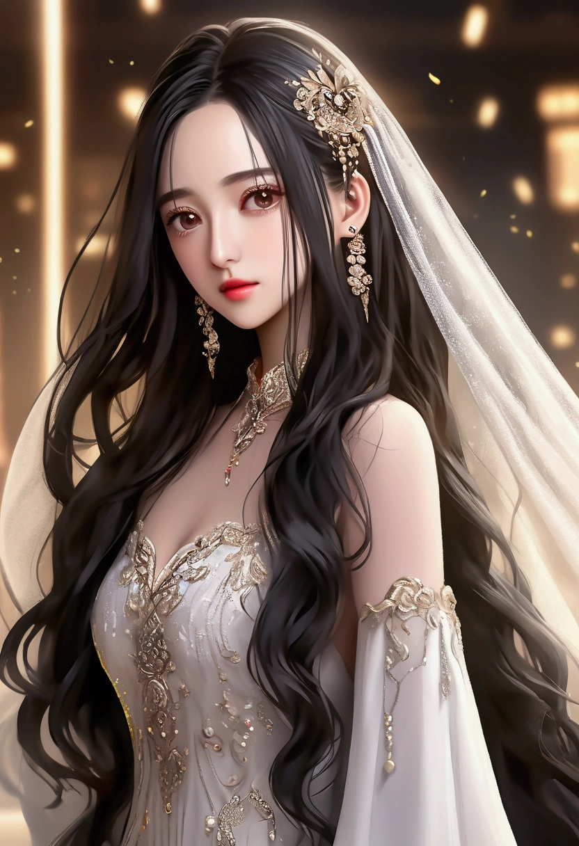 a close up of a woman with long black hair wearing a white dress, ruan jia beautiful!, dilraba dilmurat, xianxia, attractive neck, lalisa manobal, with long hair, ava max, jia, with long dark hair, xianxia fantasy, female with long black hair, long thin black hair, UHD, 8k, best quality, masterpiece