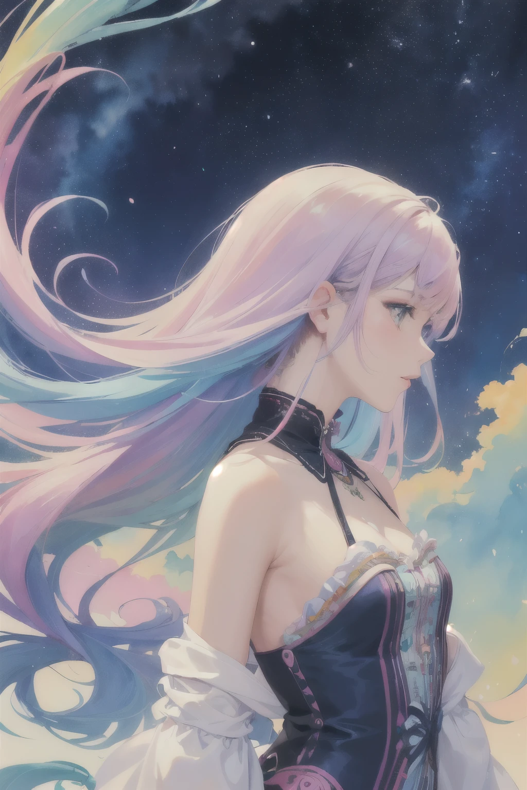 (masterpiece, Highest quality, Highest quality,watercolor (Moderate),Official Art, beautifully、aesthetic:1.2),(One girl:1.3), (Fractal Art:1.3),Upper Body, From the side, View your viewers,pattern,(Rainbow Hair,colorful hair,Half Blue、Half pink hair:1.2),water,liquid, cloud,colorful, Starry sky,performer,