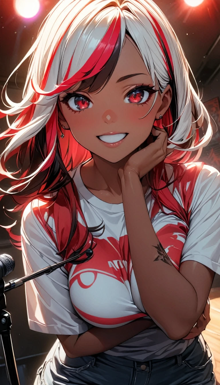 (highest quality:1.2, Very detailed, up to date, Vibrant, Ultra-high resolution, High Contrast, masterpiece:1.2, highest quality, Best aesthetics), Portraiture、girl、singer、Bright colors、Beautiful fine details、Beautiful lip detail、midium wave hair、red and white ((streaked hair:1.6)), highlights hair: 1.5, red eyes, slim body, middium breast, (tan skin:1.1), t-shirts and old jeans、loose fit, amplifier、Loud music、shouting into the microphone, vocal, (right hand holding mike stand:1), (Floral Fineline tattoo design on left arm:1), ((mike stand)), Powerful vocals、Rock star aura、music studio room