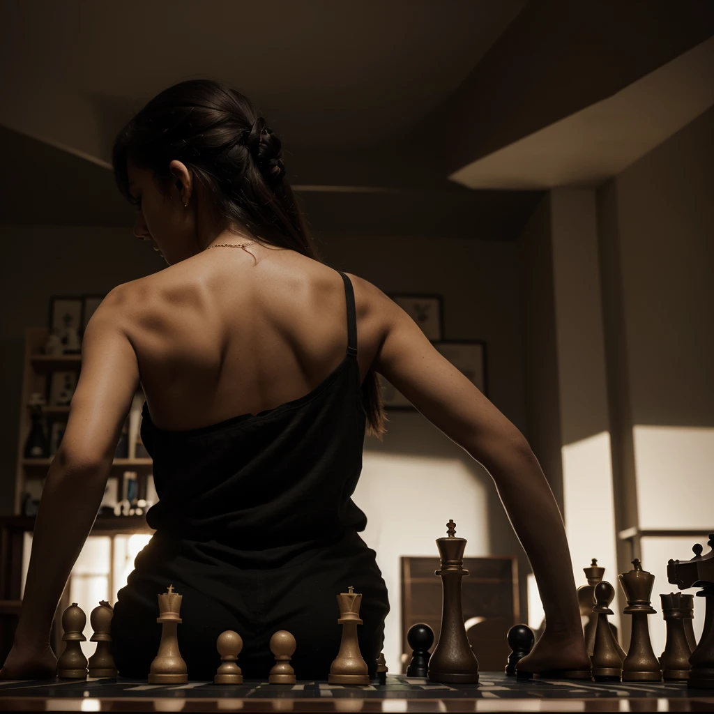 woman with her back playing chess ((realist)) ((Epic)) (Dark))
