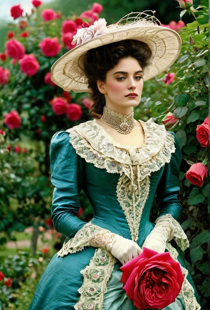 (( Woman Portrait)), ( Victorian Fashion Style), Rose Garden, Classic, Rotten Row, English Style, Nobleman, Elegantism,scene of opulence --c 22 --ar 27:40 --s 999 --v 6.0