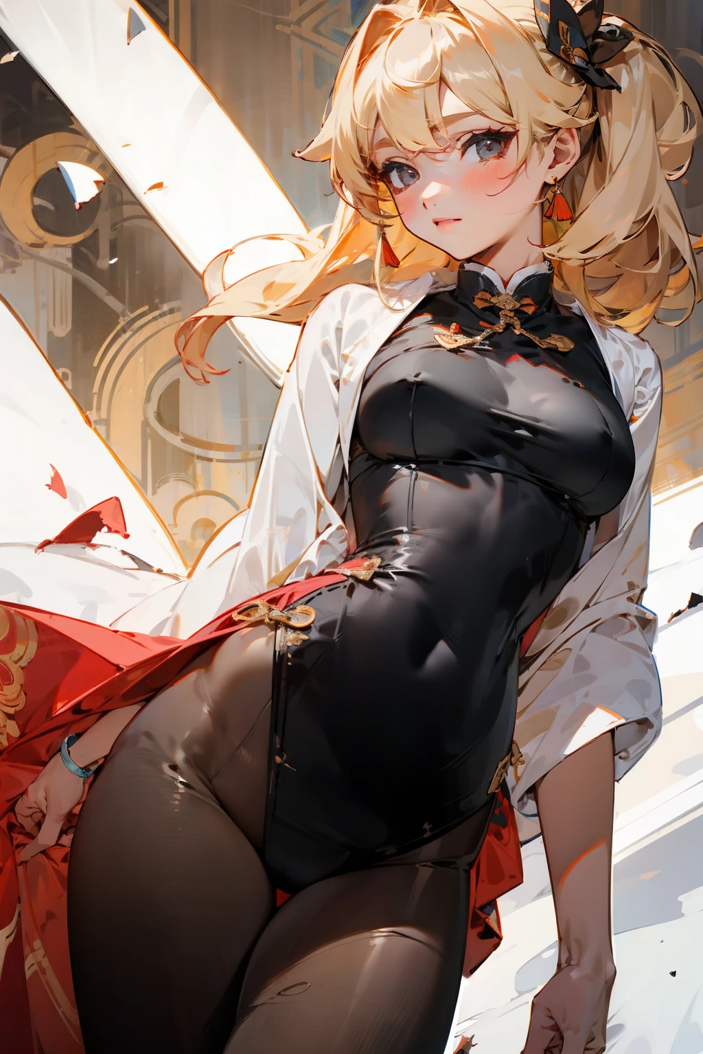(masterpiece, best quality) detailed, Wearing black tights, Silver Jewelry , The zipper is not closed , Blonde ,elegant, Pointed ears ,Chinese element pattern,thigh,漏出thigh,((White cheongsam))The clothes are torn,Alphonse Mucha