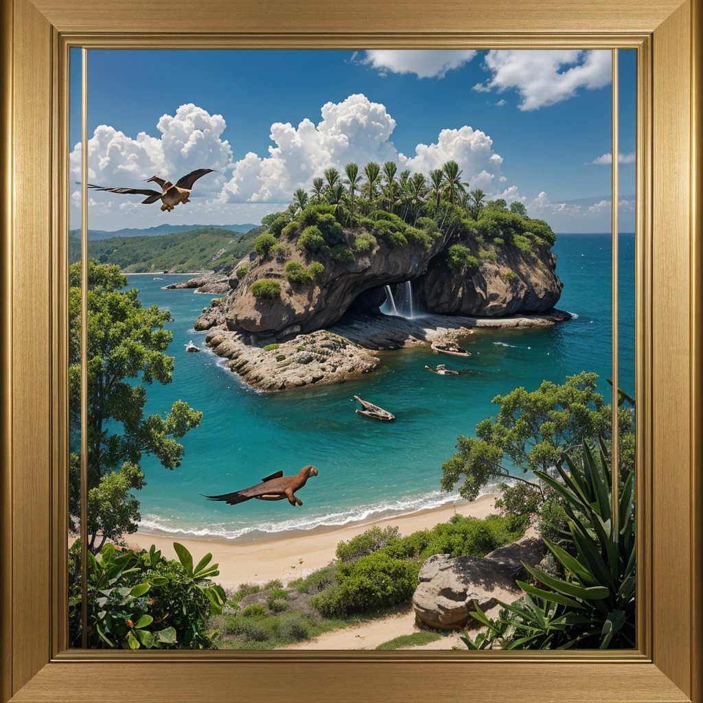 Real photography, unique composition that mixes and brings together in an almost surreal drawing four different types of animals in a single body of a Boar, a Parakeet's tail, a Spider Monkey's head, and a Stingray's arms and legs. There is a frame in the image that refers to the 2D image drawn with lines that become wind and water and fire and earth at the base, with a transparent background