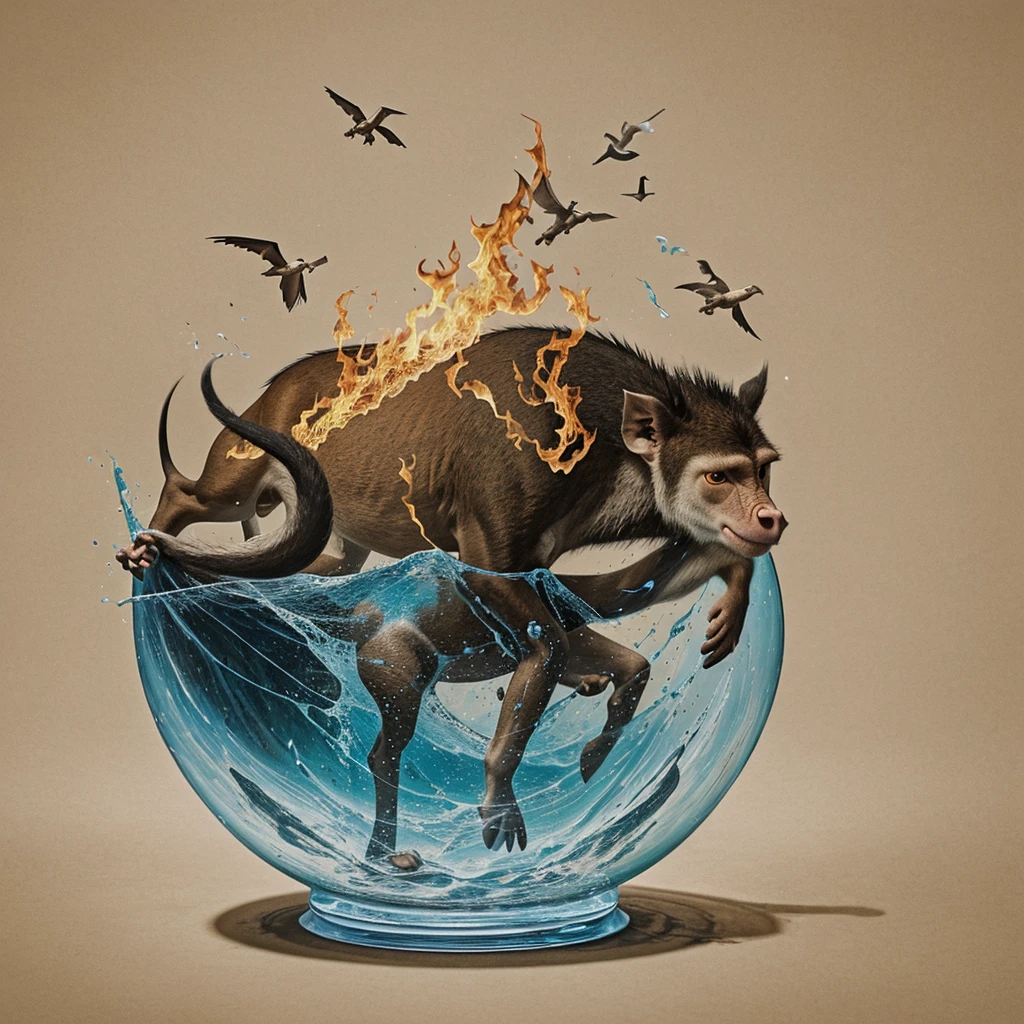 Real photography, unique composition that mixes and brings together in an almost surreal drawing four different types of animals in a single body of a Boar, a Parakeet's tail, a Spider Monkey's head, and a Stingray's arms and legs. There is a frame in the image that refers to the 2D image drawn with lines that become wind and water and fire and earth at the base, with a transparent background