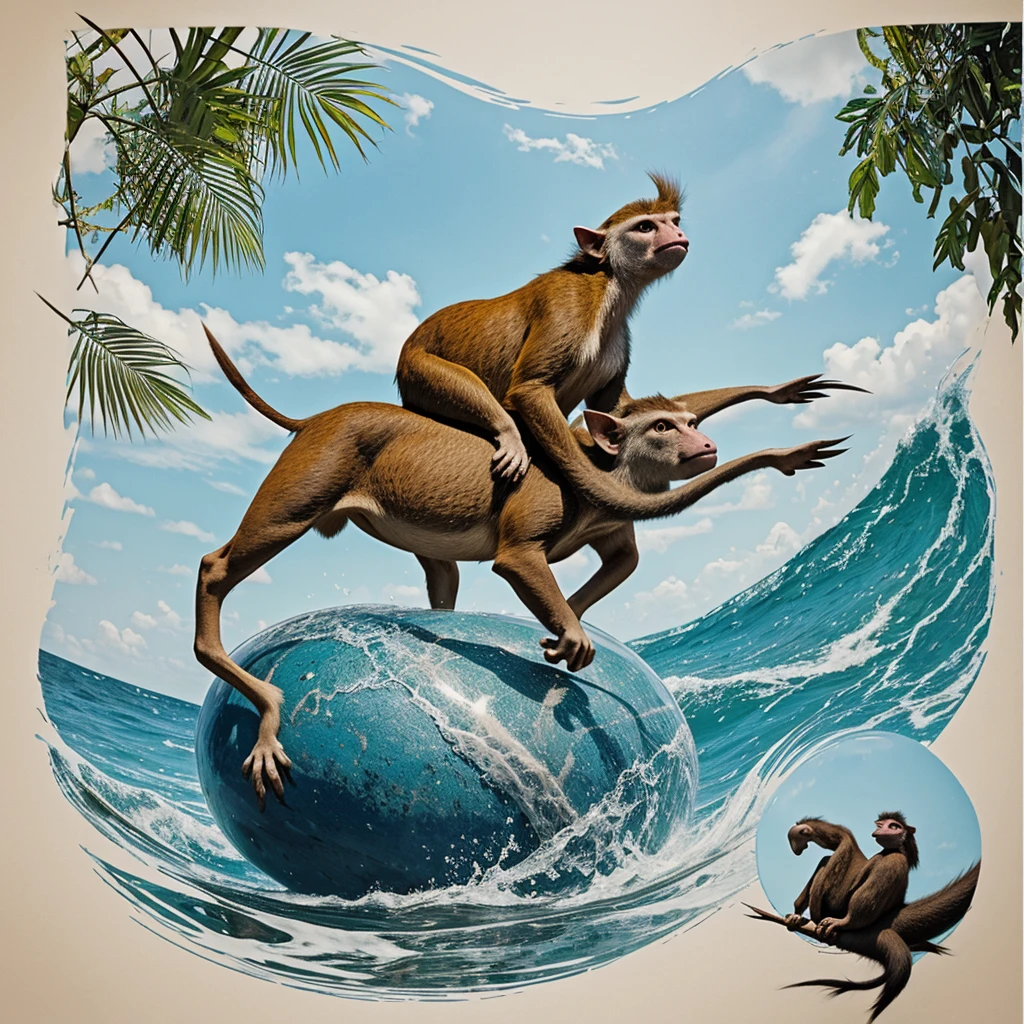 (by taran fiddler), two feral male monkeys having anal sex on a beach.