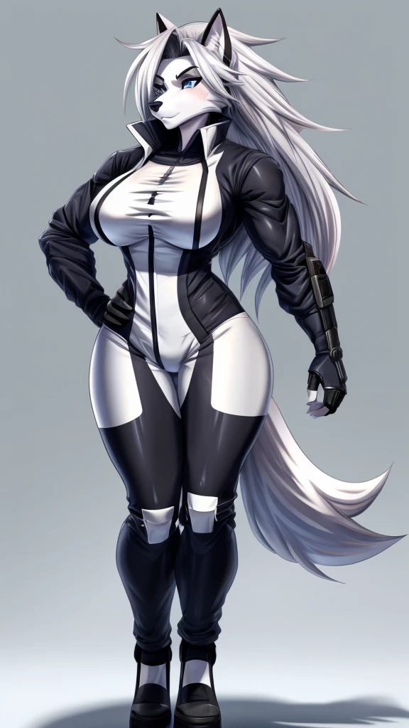 Loona from Helluva Boss, female wolf, anthro, white hair, blue eyes, mature adult, tall, muscular, tomboy, massive female, white fullbody battle suit, standing, solo, beautiful, high quality, clear background, manhwa style, 4K