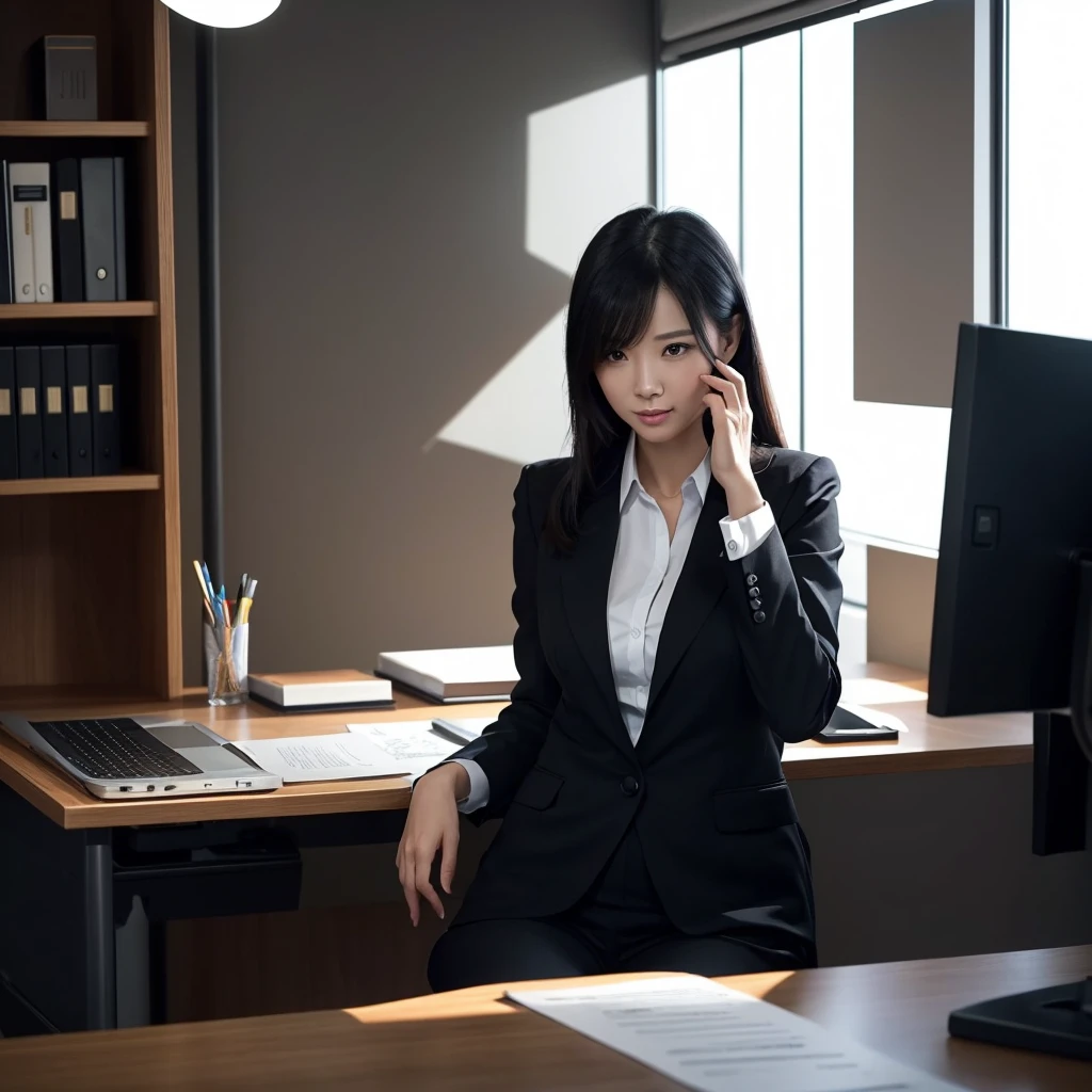 The image shows、Picture a businesswoman up to no good in a modern office.。She is wearing a smart business suit、Sitting at a desk、He has a cunning look on his face, as if he is plotting a plan.。There is a sharp light in your eyes、There is a meaningful smile on his face。There are important documents and a laptop on the desk.、I have a pen in my hand。In the background of the office、Other desks and chairs、There are bookshelves etc.、Indirect lighting softly illuminates the entire space。The contrast between light and shadow is clear、It emphasizes her serious and dark atmosphere that gives off a sense of malice.。