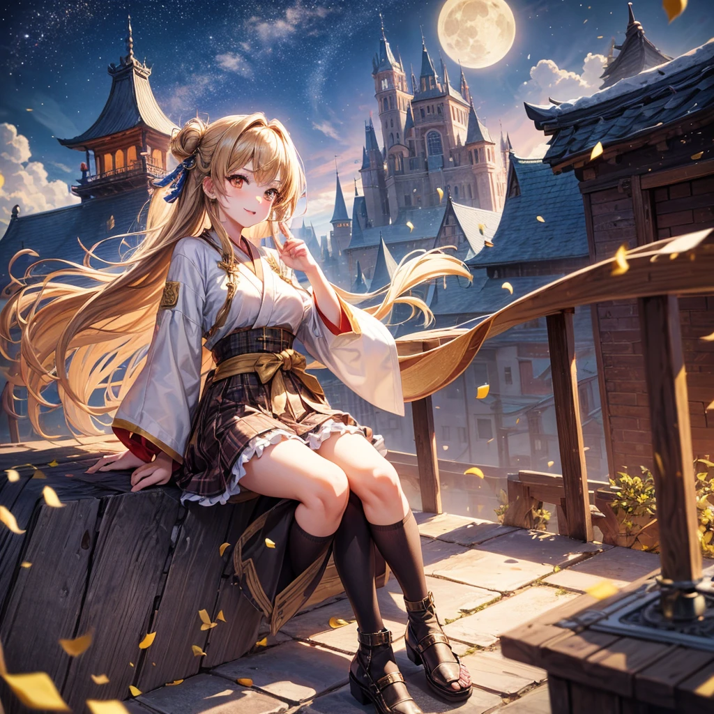 Brown and gold hair、Red gold eyes、Hair tied up、One good looking girl、solo、anime、Checkered mini skirt、Ruffles on the skirt、Checked dress、blouse、Kimono、Black knee-high socks、Ribbon、Ribbon on waist、Teeth are visible、Cobblestones、Starry Sky、Midnight Moon、suspension bridge、Confetti、Brick construction、Uphill、An old castle built on a rocky mountain、The scenery is reflected on the water、Sitting on the roof、Legendary Sword