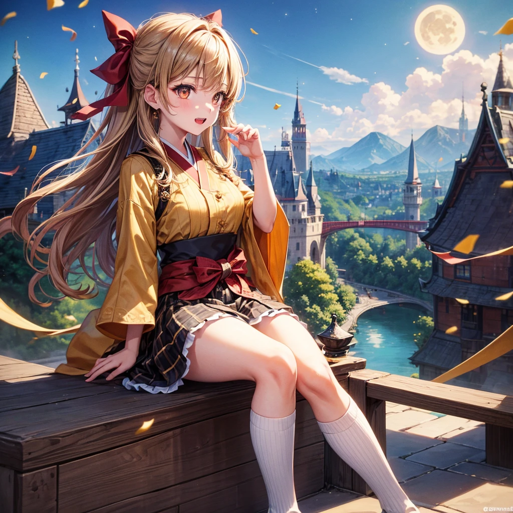 Brown and gold hair、Red gold eyes、Hair tied up、One good looking girl、solo、anime、Checkered mini skirt、Ruffles on the skirt、Checked dress、blouse、Kimono、Black knee-high socks、Ribbon、Ribbon on waist、Teeth are visible、Cobblestones、Starry Sky、Midnight Moon、suspension bridge、Confetti、Brick construction、Uphill、An old castle built on a rocky mountain、The scenery is reflected on the water、Sitting on the roof、Legendary Sword