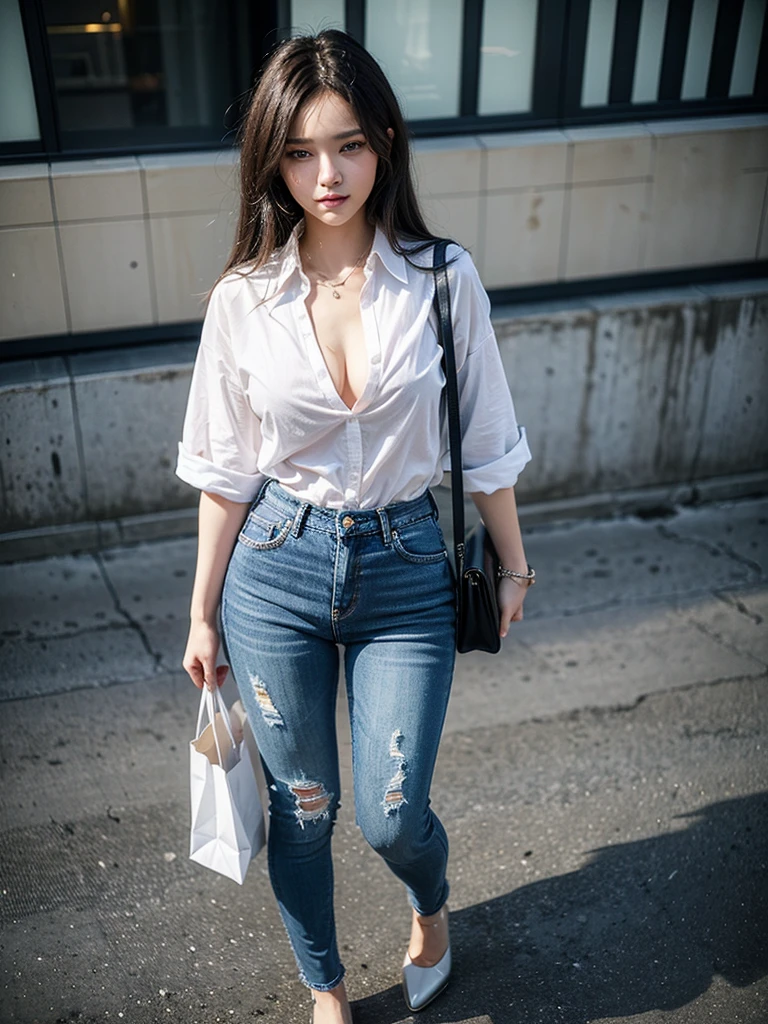 (((Full body image of a woman))), Instagram Model . Full body portrait of a fashion model, Glamour, Long black wavy hair, (((Bright Blue Eyes))), Mischievous Smile, Very detailed顔, Very fine grain. Large chest. ((Dark blue, skin-tight low rise jeans)),((White cotton shirt, unbuttoned to show chestの谷間)), Mid height heels, ((Handbags)). shopping, chest, chestの谷間, 8K, high quality, masterpiece, 最high quality, High resolution, Very detailed, Volumetric lighting, Realistic