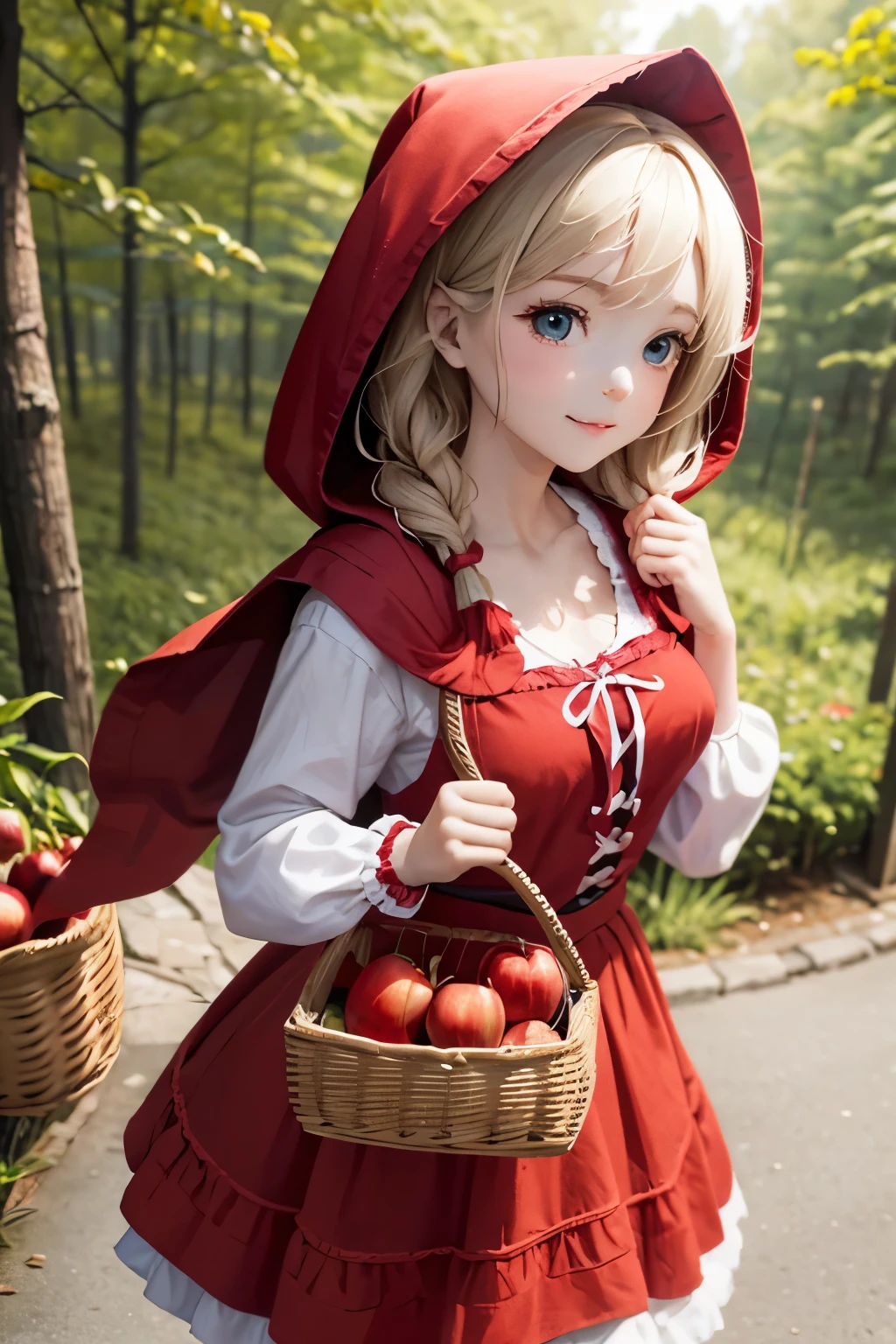 A  doll dressed for an adventure、Dressed as Little Red Riding Hood、breast enhancement、I walk along humming、It looks like a lot of fun.、I have a basket full of apple pies、The background is a forest