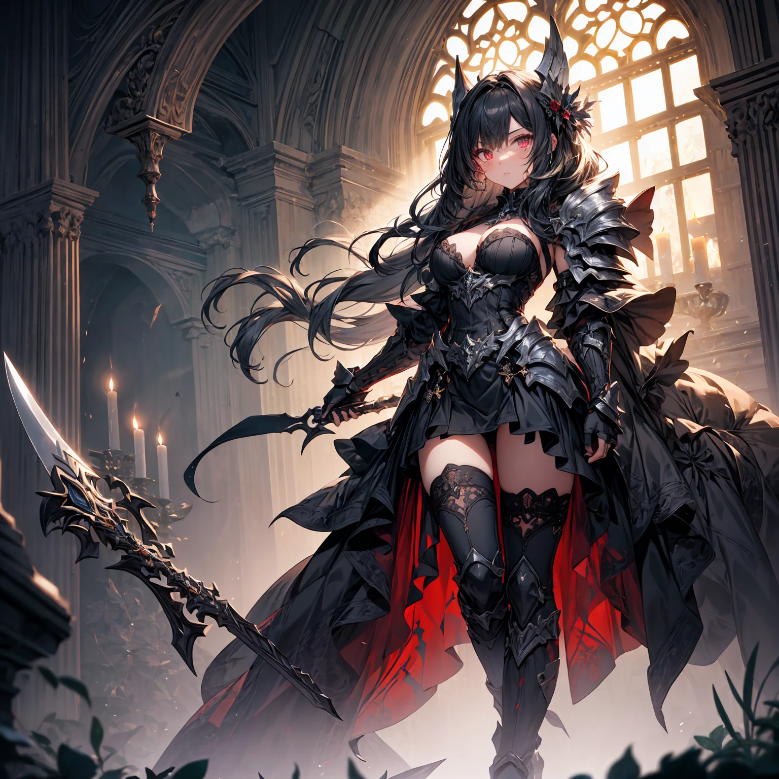 A breathtaking artwork of a female character of unimaginable beauty, set in a dark and opulent environment. The full-body view reveals an impressive figure, exuding an aura of power and mystery. She wears black and gold clothes, radiating a luxurious darkness. Her armor is detailed and characteristic, with intricate golden designs that shimmer in the dim light. Ornate shoulder pads protect her shoulders, and the armor perfectly molds to her body, accentuating her formidable presence.

Her long black hair flows like a river of darkness, contrasting with her mesmerizing scarlet eyes. Her beauty is almost supernatural, a perfect blend of grace and menace. She wields a cursed blade that seems to pulse with malevolent energy, enhancing her aura of danger.

The setting around her is a gothic and luxurious environment, with dark arches and stained glass windows that filter a supernatural light. In the background, candles flicker, casting dancing shadows on the intricately carved stone walls. It is a place that blends elegance and terror, perfectly reflecting the essence of the character.
