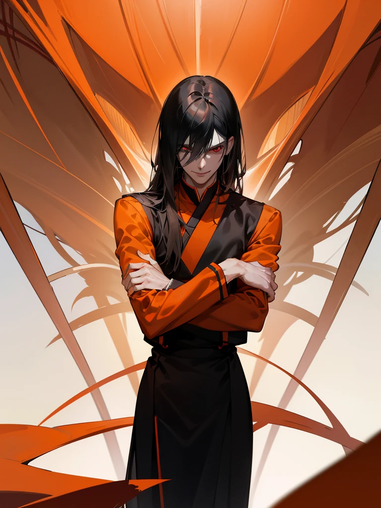 a man, Black long straight hair, dark red eyes, Slender and tall, prisoner, Perfect male body, Looking at the camera, (Orange prison uniform, Hold your arms tight, Smile, cell), portrait, Dramatic shadows, Prisoner, Chained, Cage