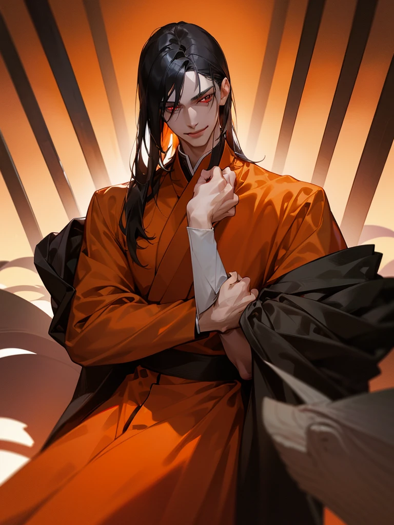 a man, Black medium-length hair, dark red eyes, Slender and tall,prisoner, Perfect male body,Looking at the camera, (Orange prison uniform, Hold your arms tight, Smile, cell),portrait,Dramatic shadows,Ray Tracing, best quality, dark, Extremely detailed CG, 8k wallpaper,complicated
