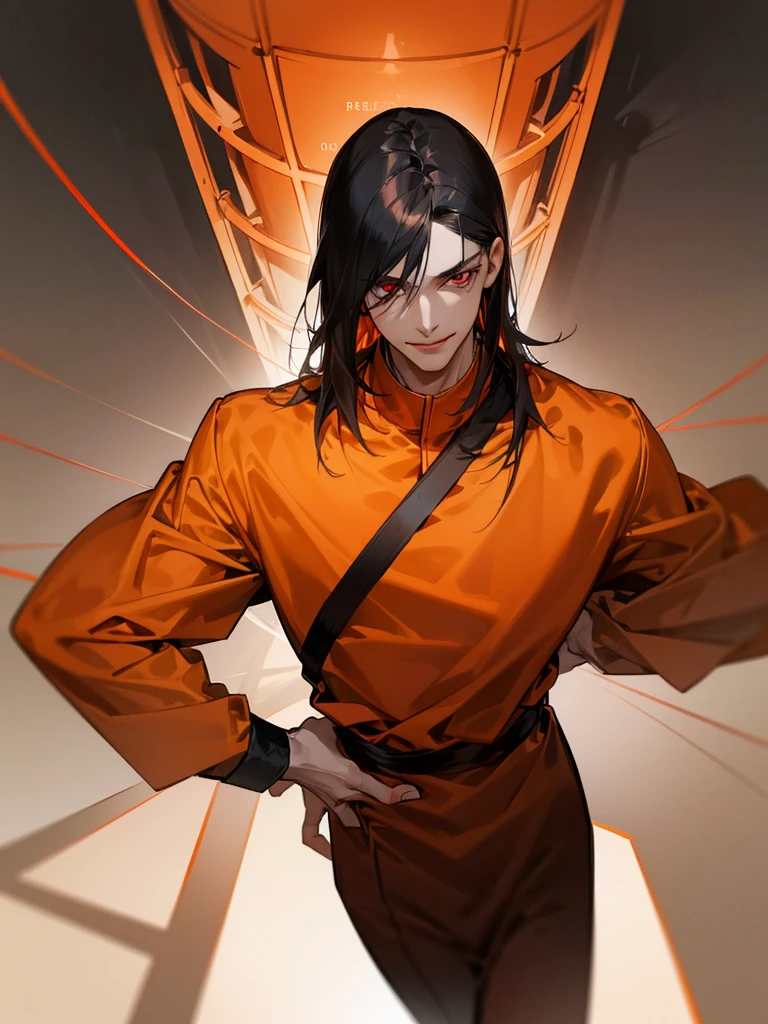 a man, Black medium-length hair, dark red eyes, Slender and tall,prisoner, Perfect male body,Looking at the camera, (Orange prison uniform, Hold your arms tight, Smile, cell),portrait,Dramatic shadows,Ray Tracing, best quality, dark, Extremely detailed CG, 8k wallpaper,complicated